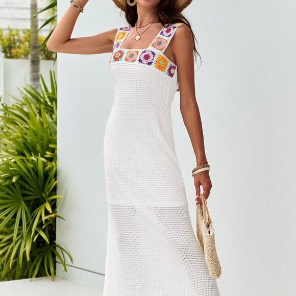 White Boho Women's Slim Fit Crochet Flower Fishtail Dress - Picture 5 of 6